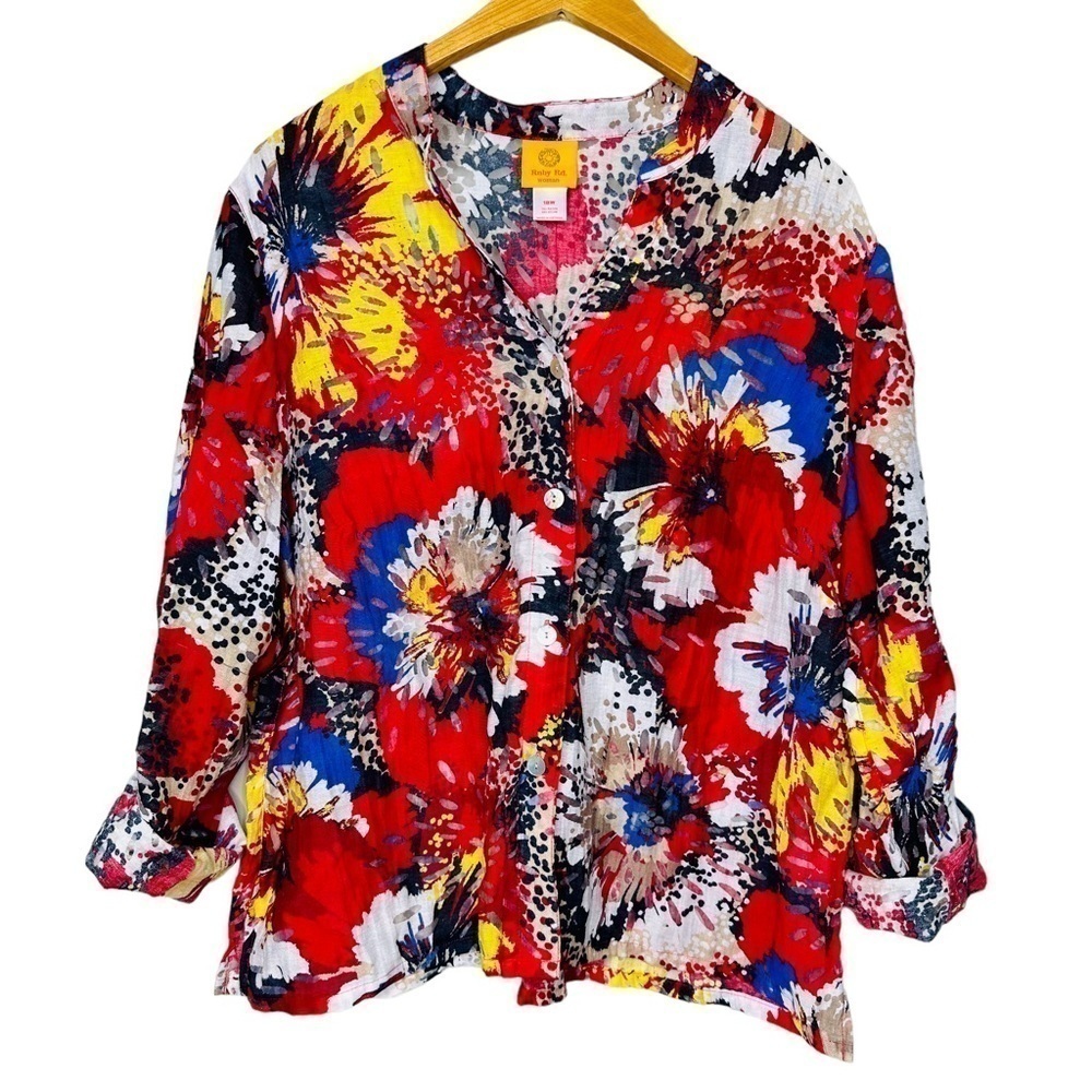 Ruby Rd.‎ Floral Multi Colored Long Sleeve Button Front Semi-Sheer Top Size 18W